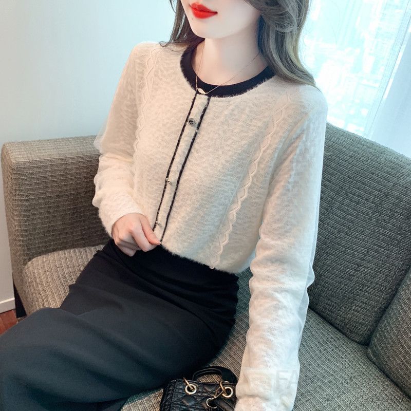 레이스 시스루 쉬폰 셔츠 여성 가을 데일리 우아한 스타일 라운드넥 슬리밍 효과 긴팔 블라우스 - 상세 이미지 4