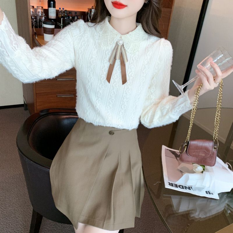 레이스 리본 쉬폰 블라우스 여성 긴팔 가을 우아한 스타일 데일리 착용감 좋은 캐주얼 상의 모던한 디자인 - 상세 이미지 2