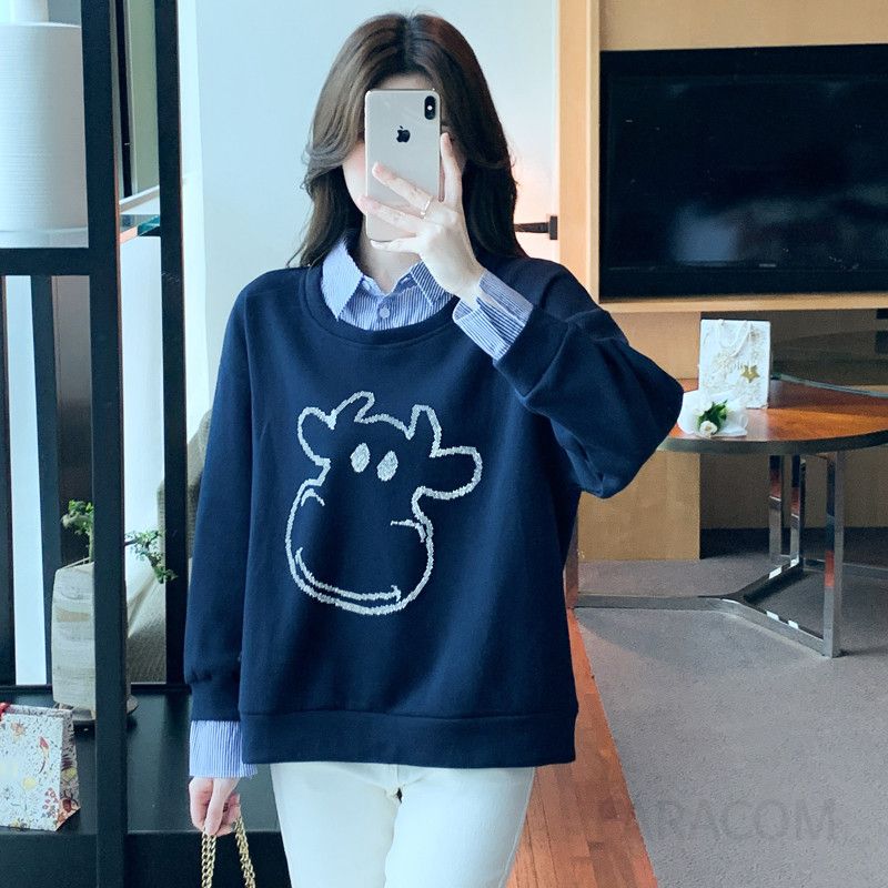 여성 긴팔 스플라이싱 티셔츠 가을 스타일 루즈핏 데일리 룩 레이어드 코디 칼라로 멋스러운 패션 아이템 편안한 착용감 트렌디한 디자인 - 상세 이미지 4