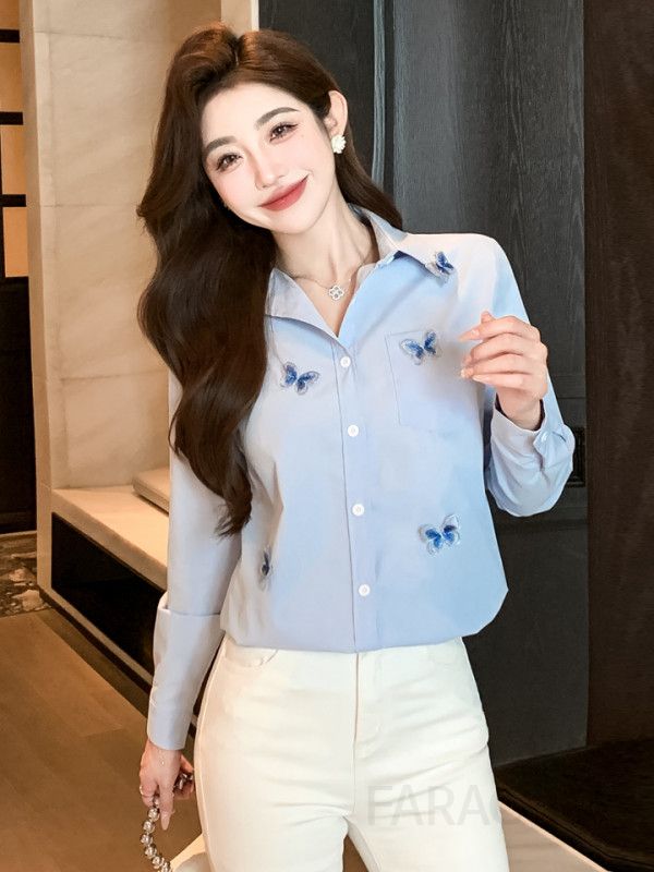여성 가을 긴팔 루즈핏 캐주얼 셔츠 나비 디자인 니치 홍콩 스타일 코튼 상의 데일리 편안한 착용감 시크한 외출용 - 상세 이미지 2