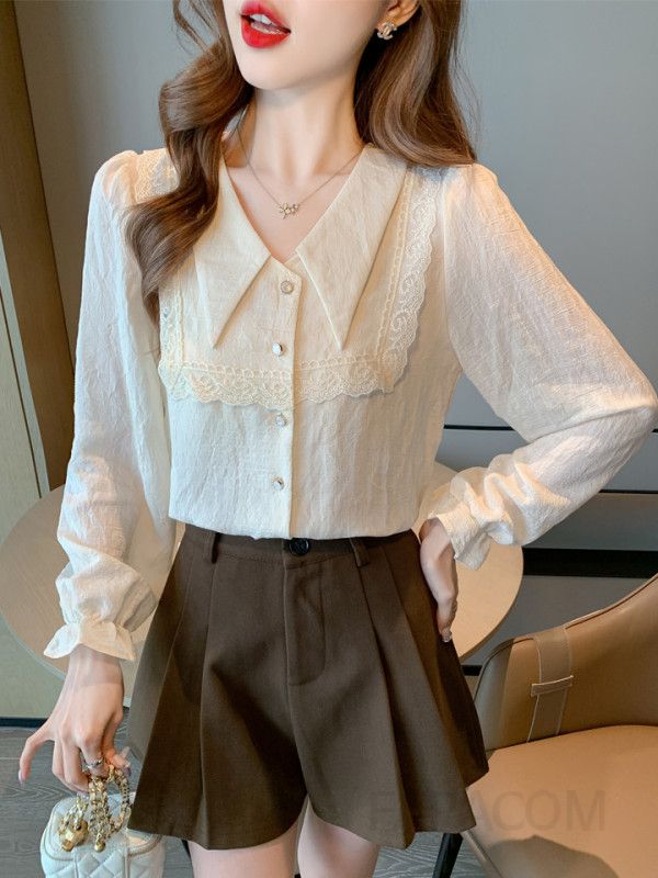 레이스 패치워크 쉬폰 블라우스 여성 가을 신상 긴팔 셔츠 스타일리시한 데일리룩 우아한 디자인 하객룩 코디 추천 - 상세 이미지 4