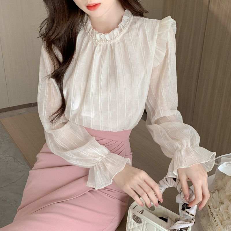 여성 가을 쉬폰 러플 블라우스 프렌치 스타일 스탠드칼라 긴팔 셔츠 우아한 데일리룩 하객룩 모임룩 페미닌한 매력 - 상세 이미지 4
