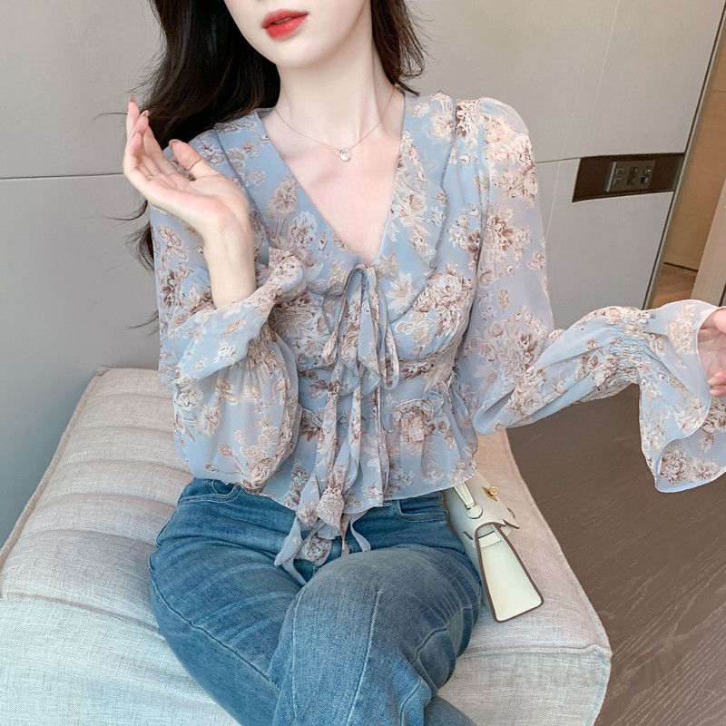 여성 가을 브이넥 쉬폰 블라우스 플로럴 패턴 긴팔 러플 디자인 편안한 착용감 데일리룩 스타일링 쉬운 고급스러운 여성용 탑 - 상세 이미지 2