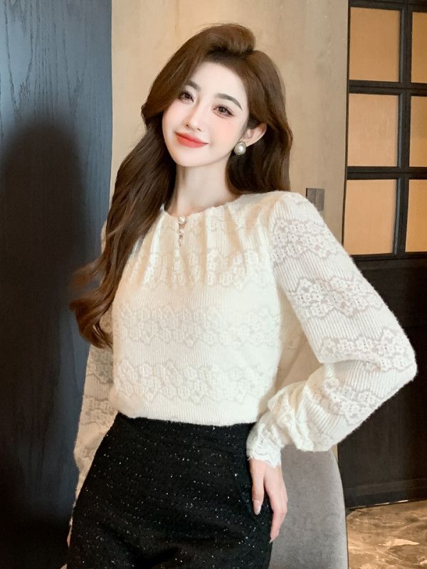 우아한 레이스 라운드넥 긴팔 블라우스 여성 가을 데일리 코디 쉬폰 디자인 감각적인 캐주얼 스타일 편안한 착용감 하객룩 플리츠 - 상세 이미지 5