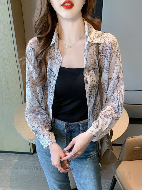 가을 여성 쉬폰 플라워 블라우스 여름용 숏 재킷 스타일 시원한 긴팔 셔츠 통근용 데일리 룩 패션 - 상세 이미지 4