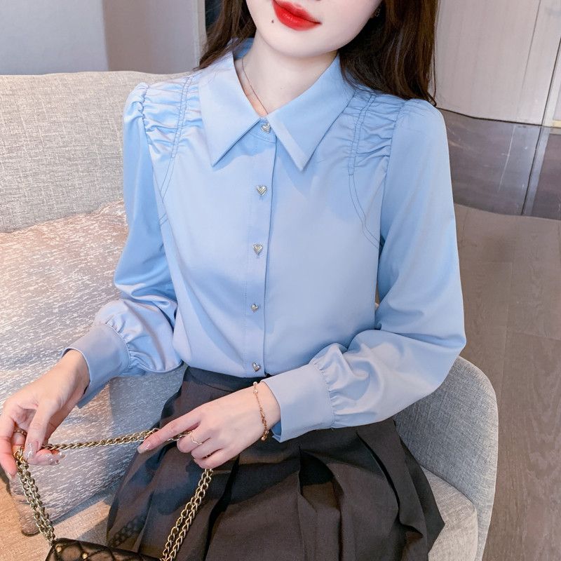 여성 긴팔 셔츠 프렌치 스타일 레이어드 블루 코튼 캐주얼 오버핏 가을 데일리 셔츠 구김없는 편안한 착용감 스타일리시한 디자인 - 상세 이미지 5