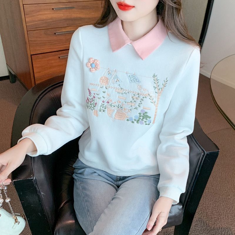 라운드넥 긴팔 자수 티셔츠 심플 슬림핏 다용도 남성 긴팔 캐주얼한 착용감 데일리룩 레이어드 스타일 추천 - 상세 이미지 2