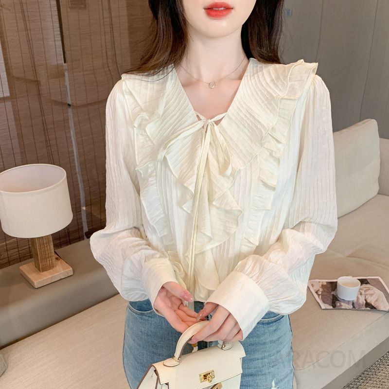 여성 브이넥 러플 긴팔 블라우스 가을 캐주얼 스타일 레이온 소재 루즈핏 셔츠 여성스러운 디자인 편안한 착용감 데일리룩 - 상세 이미지 2