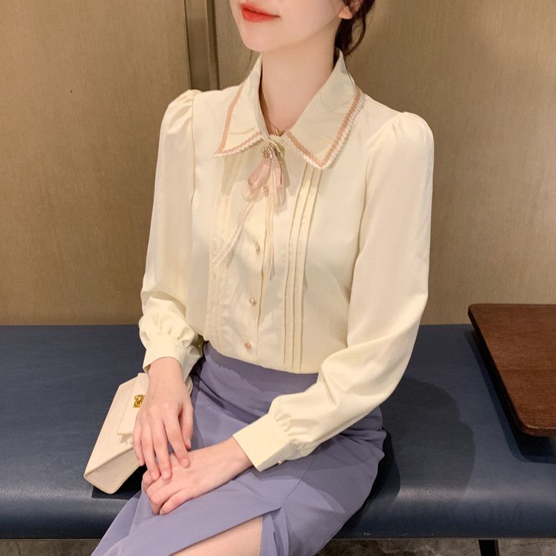 여성용 루즈핏 쉬폰 블라우스 가을 캐주얼 스타일 긴팔 라운드넥 데일리 패션 시크한 디자인 편안한 착용감 고급스러운 룩 - 상품 이미지