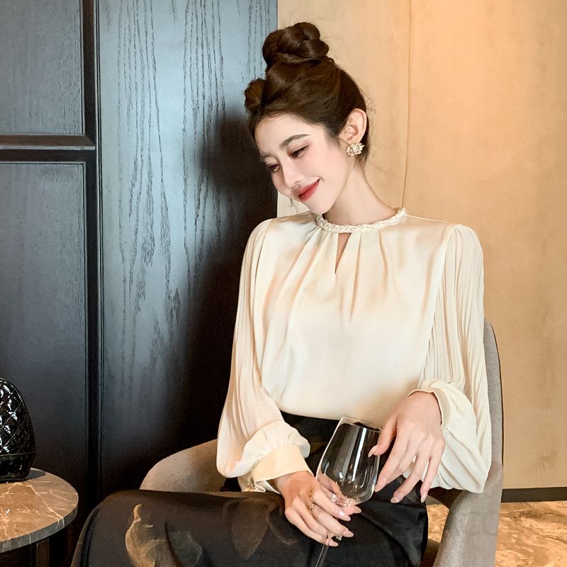 여성 가을 쉬폰 블라우스 플리츠 소매 레트로 스타일 루즈핏 데일리 캐주얼 탑 상의 빈티지 감성 시크한 디자인 - 상품 이미지