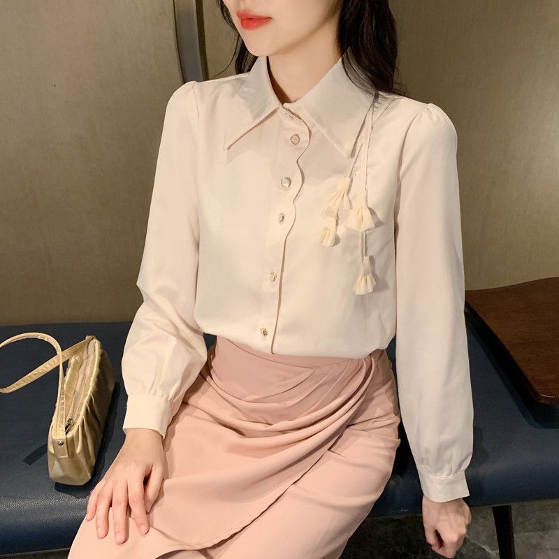 여성 쉬폰 블라우스 가을 루즈핏 플라워 패턴 통기성 좋은 데일리 셔츠 스타일리시한 디자인 오피스룩 - 상세 이미지 5