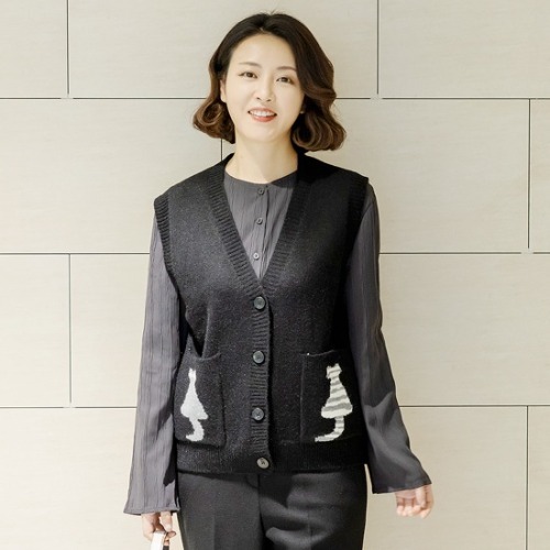 엄마옷 조이마담 J2886 고양이 니트 베스트 조끼 중년여성의류
