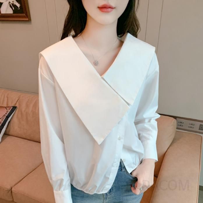 화이트 라펠 셔츠 여성 가을 심플 니치 디자인 블라우스 긴팔 루즈핏 스타일 캐주얼 데일리 착용감 좋은 외출용 - 메인 이미지