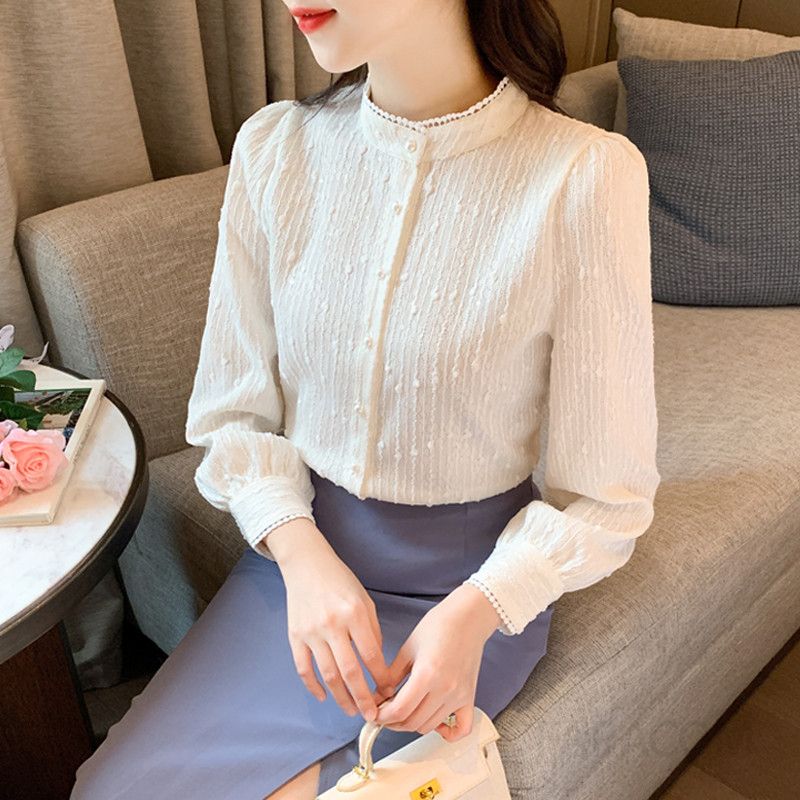 레이스 진주 단추 여성 가을 블라우스 루즈핏 스탠드 칼라 레트로 스타일 긴팔 셔츠 우아한 디자인 데일리 착용감 편안한 상의 - 상세 이미지 2