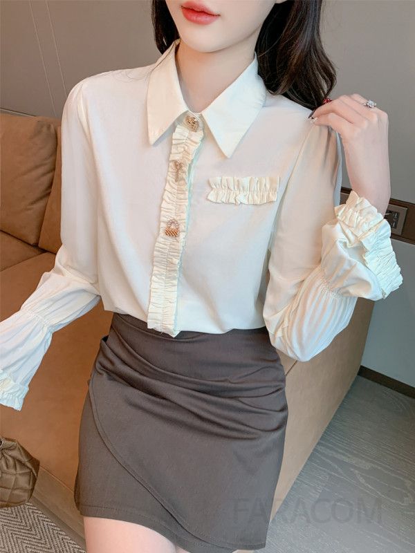여성 쉬폰 셔츠 긴팔 슬림핏 프렌치 스타일 가을 블라우스 트럼펫 슬리브 디자인 데일리 룩 프로페셔널 코디용 - 상세 이미지 2