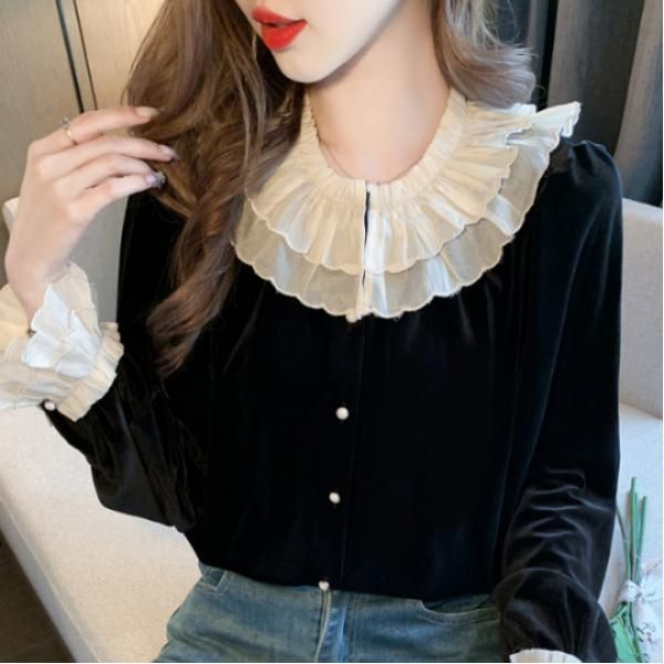 가을 여성 레이스 블라우스 긴팔 루즈핏 블랙 셔츠 스타일리쉬한 데일리룩 고급스러운 디자인 통근용 - 메인 이미지