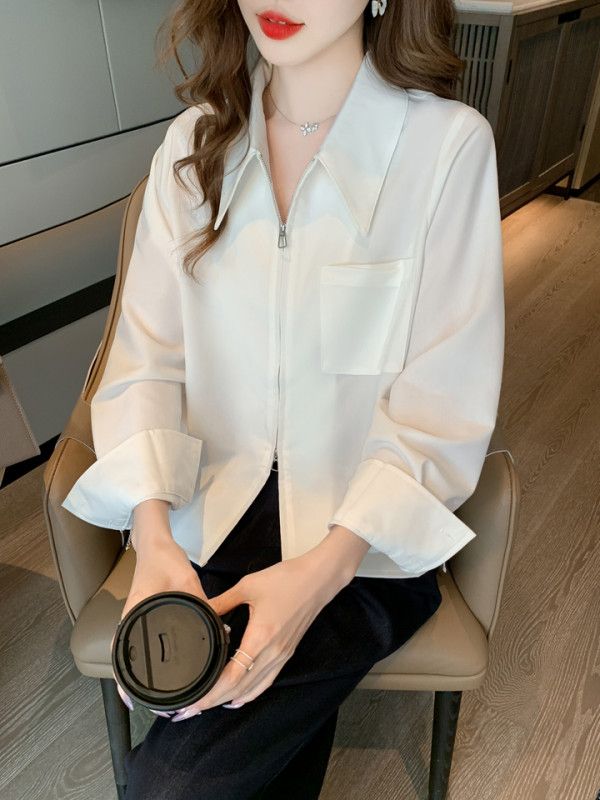 여성 화이트 긴팔 오버핏 셔츠 가을용 다용도 포켓 지퍼 디테일 캐주얼 스타일 옥스포드 코튼 셔츠 편안한 착용감 데일리 활용도 높은 디자인 - 상세 이미지 5