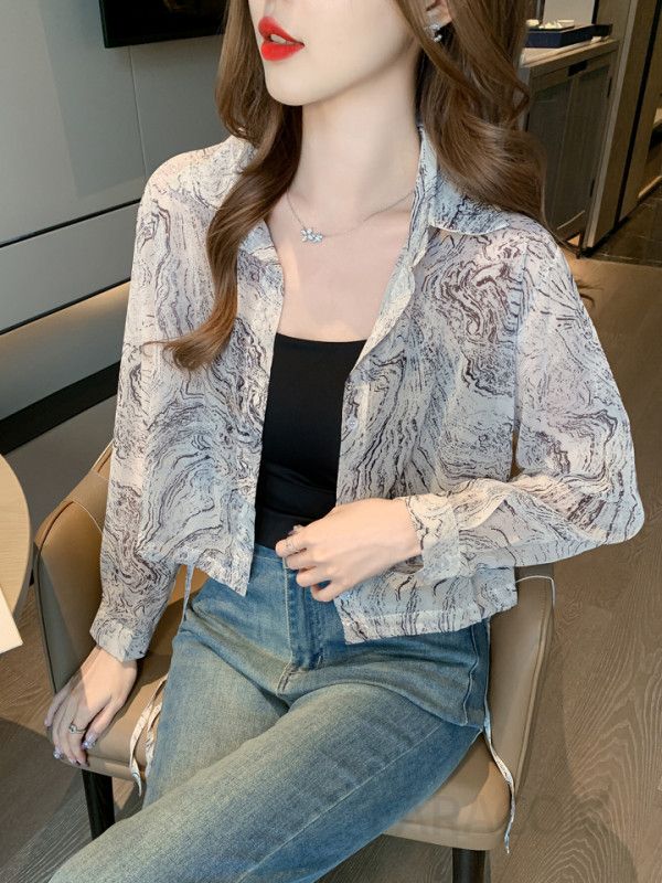 가을 여성 쉬폰 플라워 블라우스 여름용 숏 재킷 스타일 시원한 긴팔 셔츠 통근용 데일리 룩 패션 - 상세 이미지 5