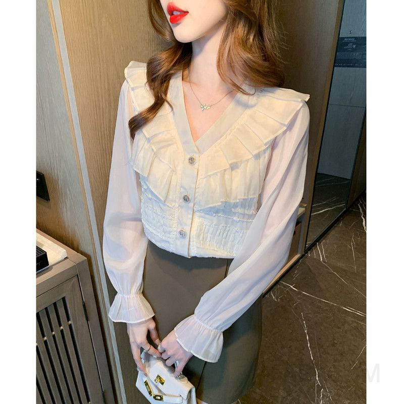 레이스 플레어 슬리브 루즈핏 여성 브이넥 쉬폰블라우스 가을 데일리 출퇴근용 스타일리시한 올매치 셔츠 편안한 착용감 시스루 느낌 - 상세 이미지 5