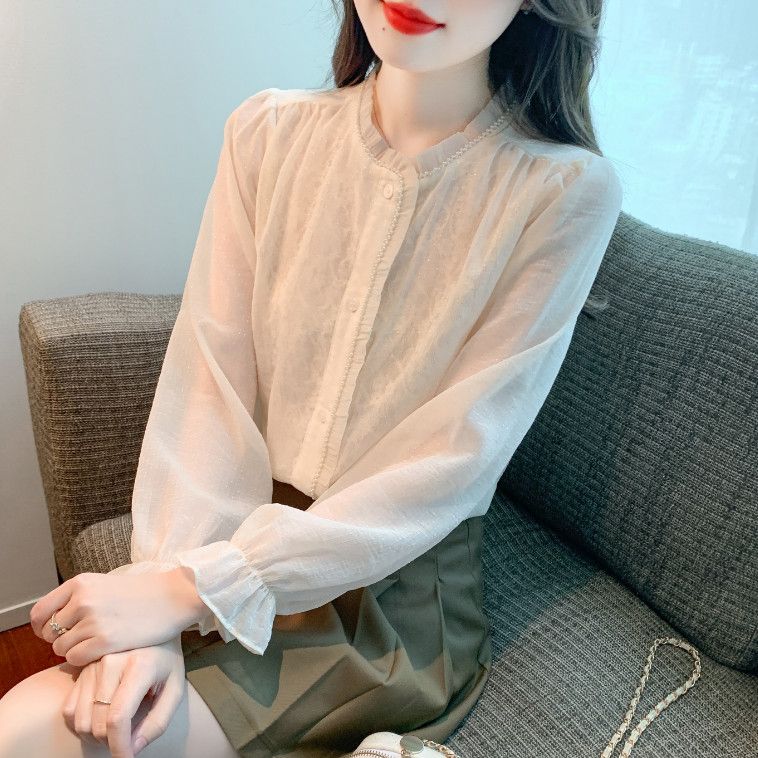 레이스 쉬폰 블라우스 여성 트럼펫 슬리브 가을 스타일리시한 데일리룩 캐주얼 셔츠 우드이어 디자인 모던한 느낌의 외출용 - 상세 이미지 3