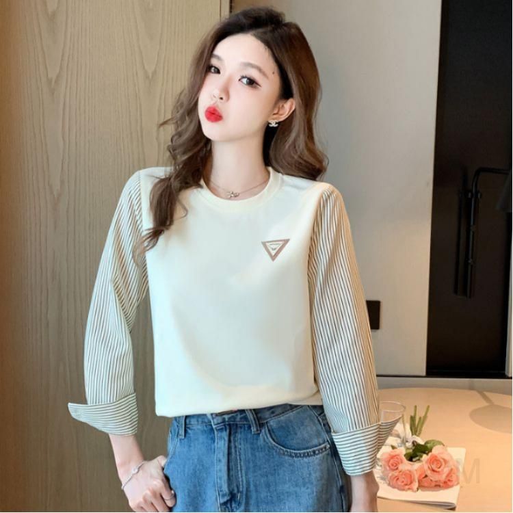 여성 캐주얼 스트라이프 긴팔 티셔츠 가을용 스플라이싱 디자인 출퇴근용 데일리 스타일 편안한 착용감 레이어드 가능 모던한 매력 - 상품 이미지