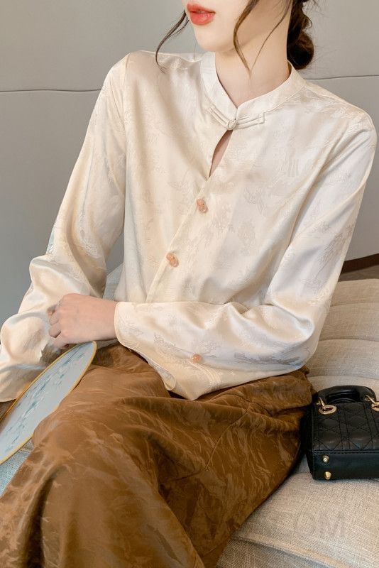 여성 가을 쉬폰 블라우스 민족풍 탑버튼 라운드넥 긴팔 셔츠 고급스러운 스타일 데일리 캐주얼 빈티지 디자인 - 상세 이미지 4