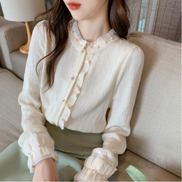 라운드넥 러플 진주 블라우스 여성 가을 스타일 셔츠 레트로 디자인 편안한 착용감 고급스러운 캐주얼 데일리 패션 - 상품 이미지