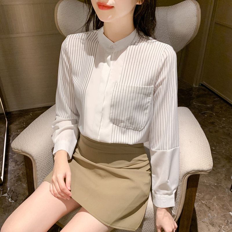 여성 스트라이프 긴팔 셔츠 가을 캐주얼 오버핏 스타일 면 소재 구김없는 편안한 착용감 데일리룩 프로페셔널 디자인 모던한 출근용 정장셔츠 - 상세 이미지 4