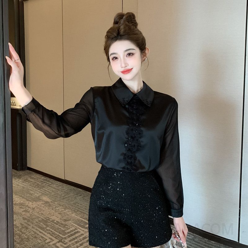 레이스 쉬폰 블라우스 긴팔 여성 가을 스타일 우아한 이너 상의 데일리 캐주얼 착용감 좋은 레이어드용 셔츠 - 상세 이미지 2