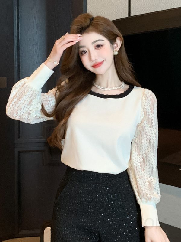 레이스 패치워크 여성 긴팔 티셔츠 가을 스타일 이너웨어 데일리 퍼프 슬리브 라운드넥 패션 캐주얼 모던한 디자인 편안한 착용감 - 상세 이미지 3