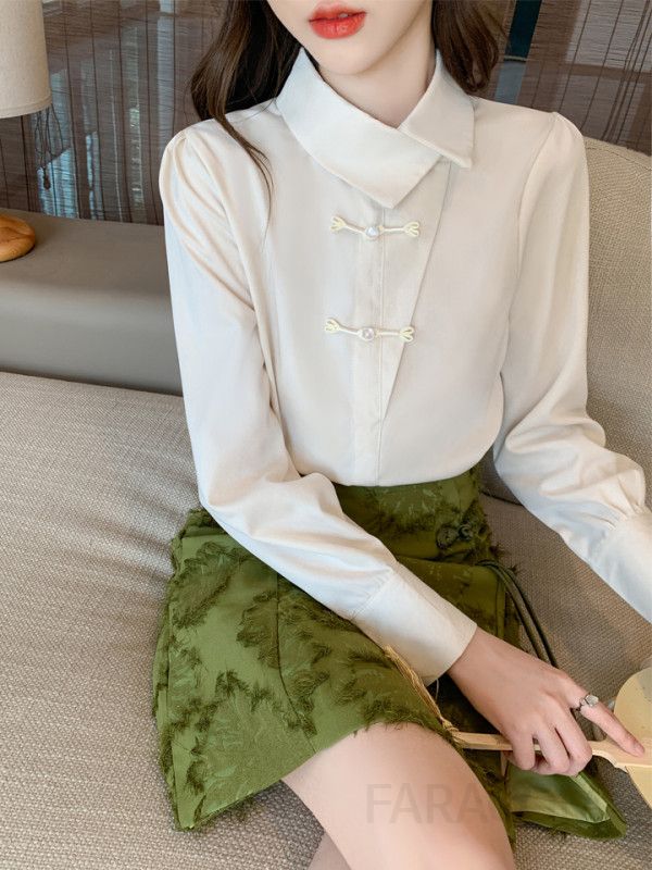 가을 여성 복고풍 블라우스 루즈핏 단추 디테일 긴팔 캐주얼 셔츠 빈티지 스타일 데일리 상의 편안한 착용감 모던한 디자인 - 상세 이미지 2