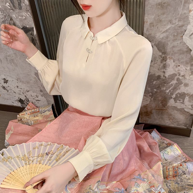 여성 쉬폰 라운드넥 블라우스 가을 신상 루즈핏 데일리 셔츠 스타일 캐주얼한 핑크 컬러의 편안한 착용감 모던한 디자인 - 상세 이미지 4