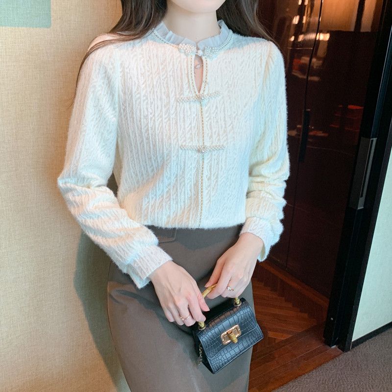 레이스 셔츠 여성 가을 블라우스 루즈핏 반목 스타일 데일리 통근용 긴팔 상의 트렌디한 캐주얼 디자인 편안한 착용감 고급스러운 느낌 - 상세 이미지 3
