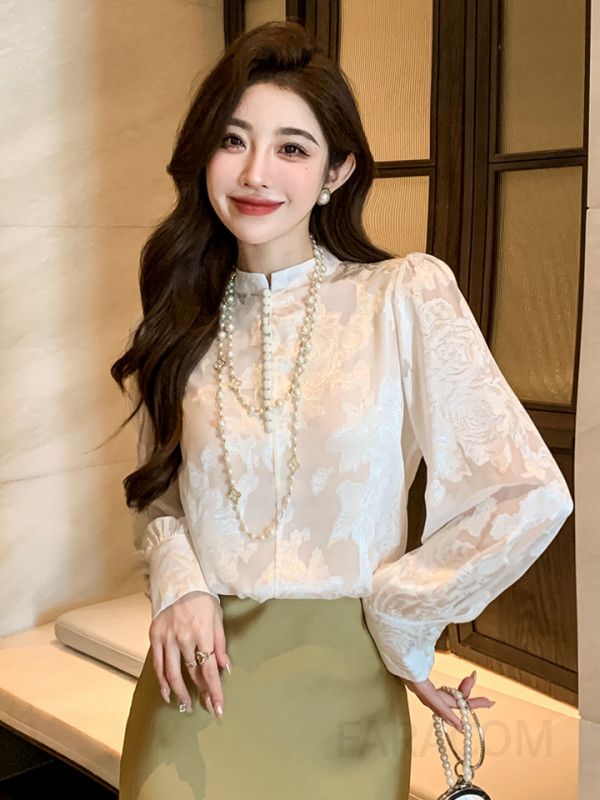 가을 여성 쉬폰 자카드 긴팔 블라우스 민족풍 디자인 고급스러운 캐주얼 상의 편안한 착용감 데일리룩 스타일링 - 상세 이미지 2