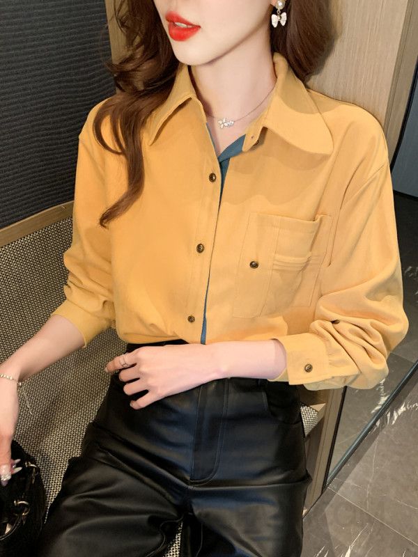여성 가을 레트로 긴팔셔츠 노란색 오버핏 캐주얼 스타일 통근용 데일리 웨어 코튼 소재 구김 없는 편안한 착용감 - 상세 이미지 3