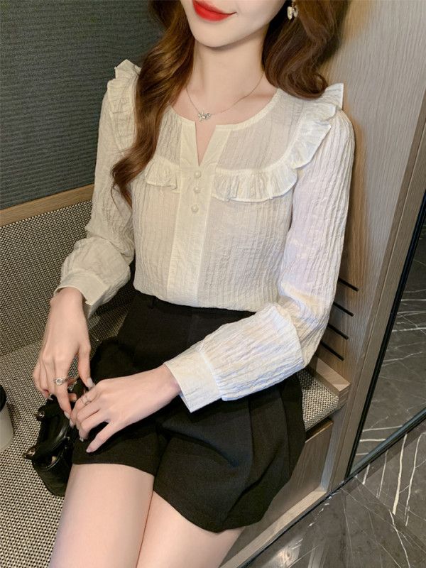 화이트 쉬폰블라우스 여성용 러플 디자인 가을 패션 셔츠 스타일 여름 데일리 착용감 우아한 캐주얼 탑 - 상세 이미지 2