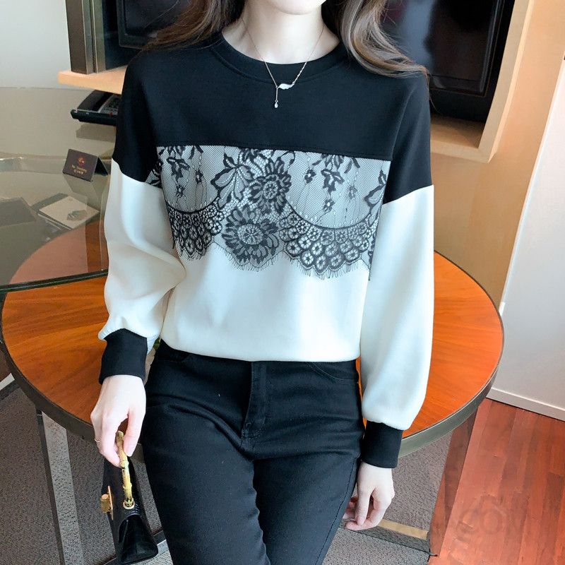 긴팔 라운드넥 여성 스웨트셔츠 레이스 스플라이싱 캐주얼 스타일 데일리 착용감 좋은 긴팔티셔츠 모던한 디자인 다용도 활용 가능 패션 아이템 - 상세 이미지 4