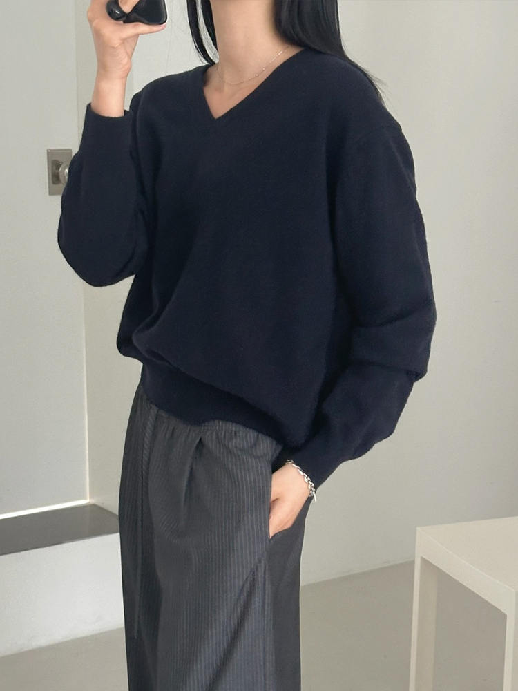 루즈핏 야크 울80 브이넥 니트 가을 겨울 여성 니트 티 - 상세 이미지 3