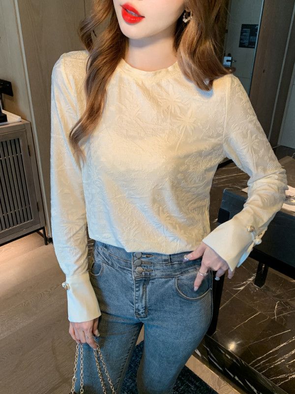 여성 긴팔 스트레이트 티셔츠 봄 신상 슬림핏 데일리 캐주얼 상의 레이어드용 차이나 스타일 편안한 착용감 - 상세 이미지 4