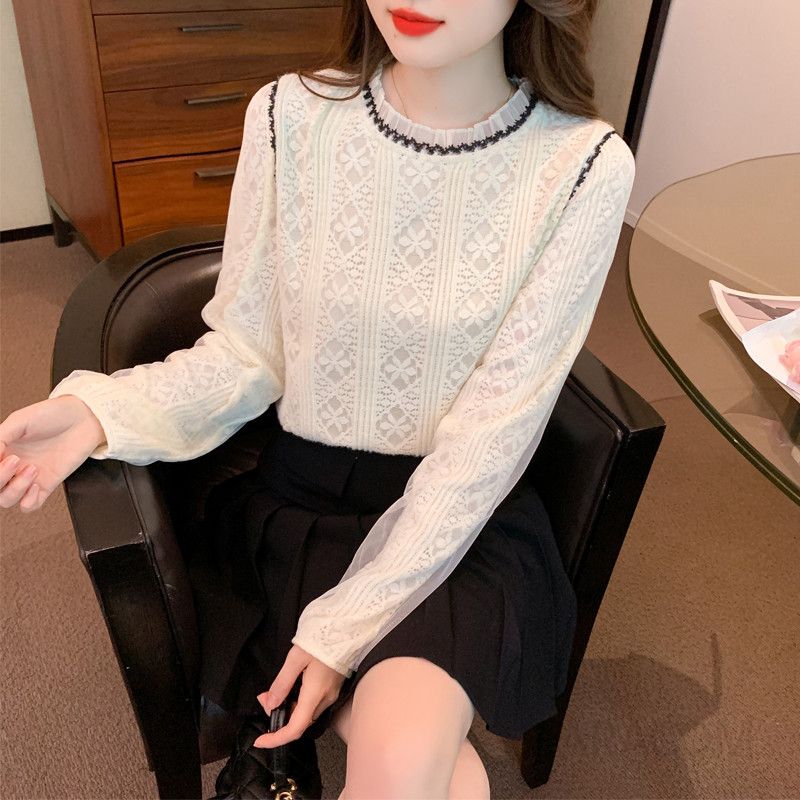 라운드넥 레이스 쉬폰 긴팔 블라우스 여성용 가을 패셔너블 올매치 스타일 데일리 착용감 좋은 코디너리 - 상품 이미지