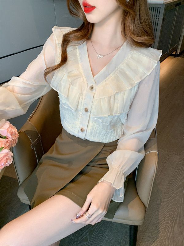 레이스 플레어 슬리브 루즈핏 여성 브이넥 쉬폰블라우스 가을 데일리 출퇴근용 스타일리시한 올매치 셔츠 편안한 착용감 시스루 느낌 - 상세 이미지 2