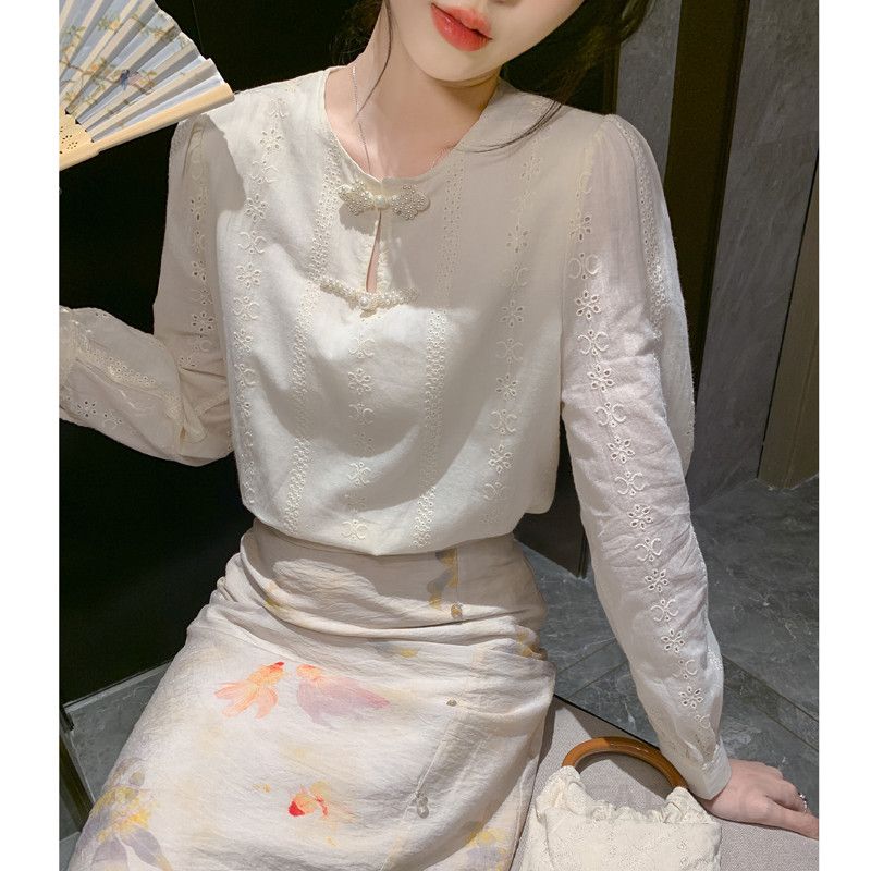여성 쉬폰 셔츠 긴팔 가을 민족 스타일 루즈핏 블라우스 빈티지 무드 데일리 캐주얼 코디 라운드넥 편안한 착용감 고급스러운 디자인 - 상세 이미지 2