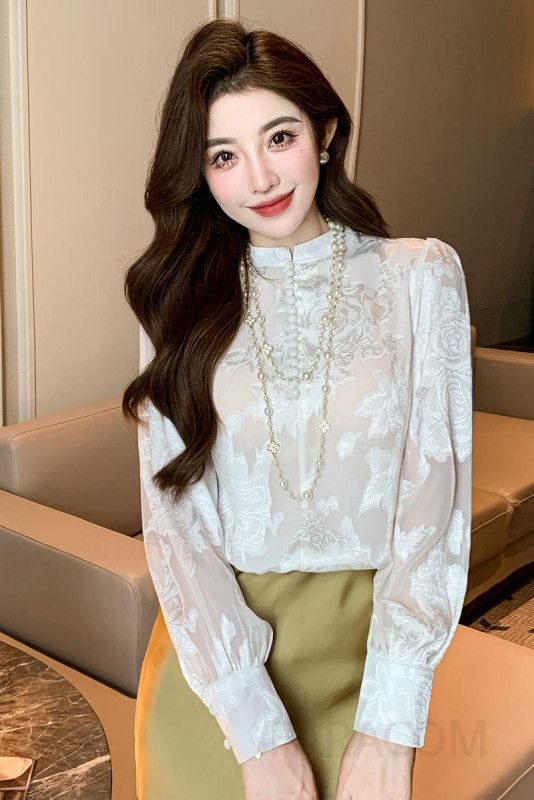 가을 여성 쉬폰 자카드 긴팔 블라우스 민족풍 디자인 고급스러운 캐주얼 상의 편안한 착용감 데일리룩 스타일링 이미지 6