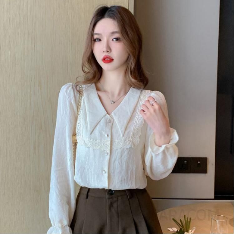 레이스 패치워크 쉬폰 블라우스 여성 가을 신상 긴팔 셔츠 스타일리시한 데일리룩 우아한 디자인 하객룩 코디 추천 - 메인 이미지