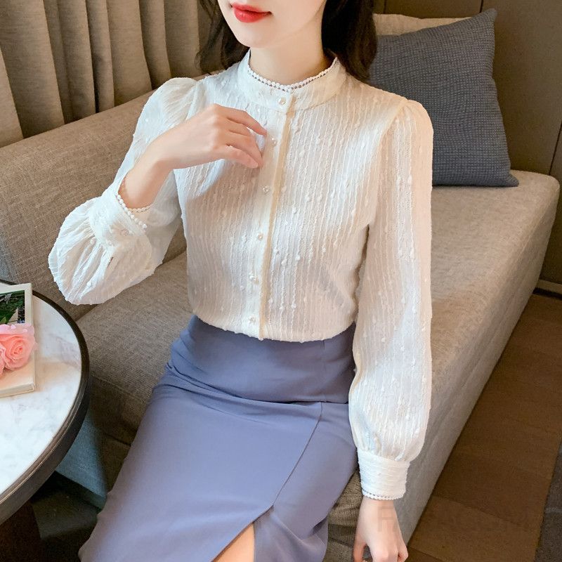 레이스 진주 단추 여성 가을 블라우스 루즈핏 스탠드 칼라 레트로 스타일 긴팔 셔츠 우아한 디자인 데일리 착용감 편안한 상의 - 상세 이미지 4