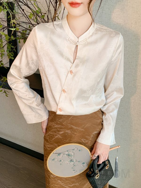 여성 가을 쉬폰 블라우스 민족풍 탑버튼 라운드넥 긴팔 셔츠 고급스러운 스타일 데일리 캐주얼 빈티지 디자인 - 상세 이미지 3