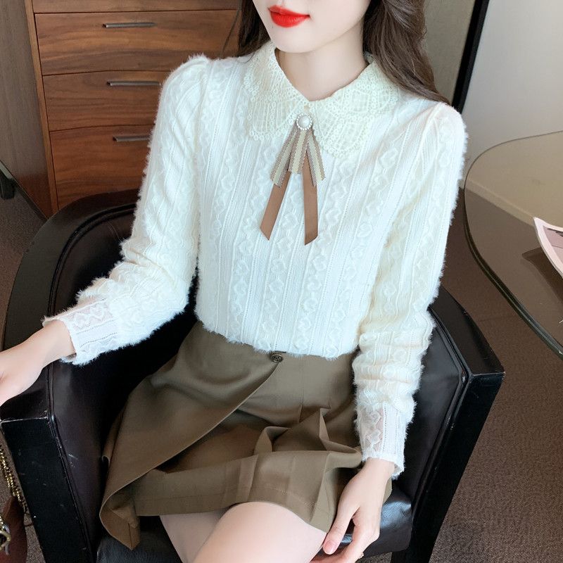 레이스 리본 쉬폰 블라우스 여성 긴팔 가을 우아한 스타일 데일리 착용감 좋은 캐주얼 상의 모던한 디자인 - 상세 이미지 5