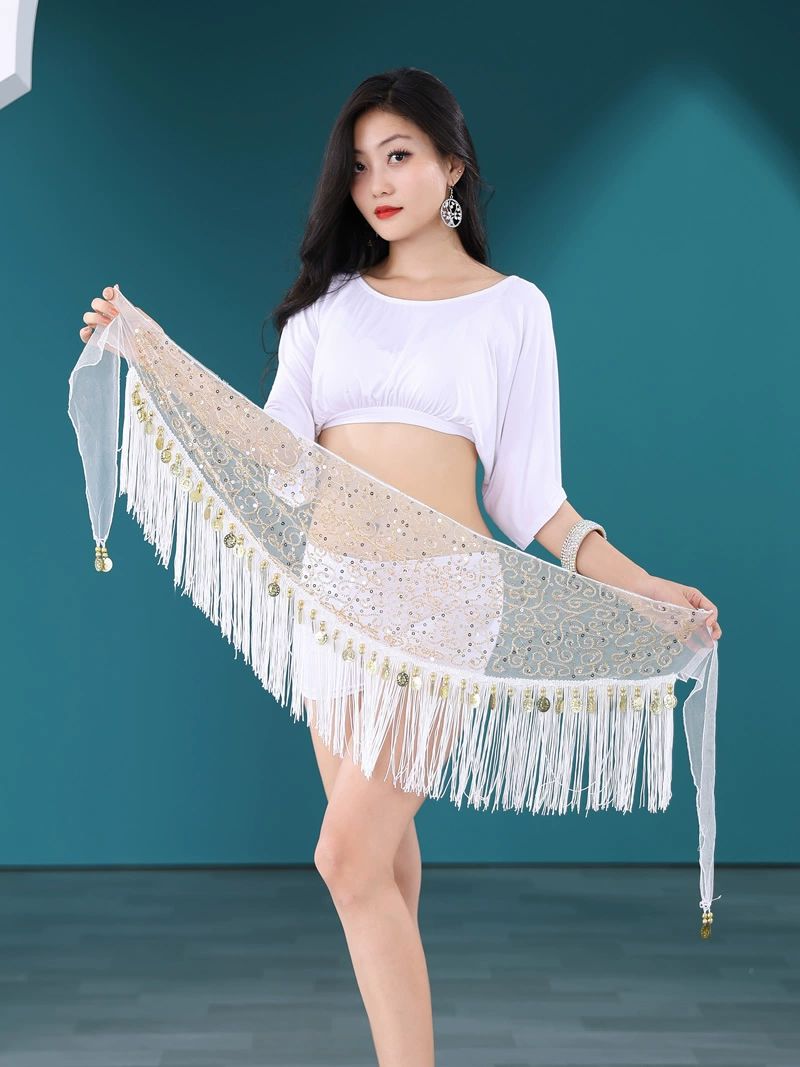 밸리댄스 힙스카프 상하의 세트 스카프 댄스허리체인 공연 댄스웨어 라인댄스 벨리복 밸리 블랙 상의+다홍색 허리 안전 바지 3종 - 상세 이미지 3