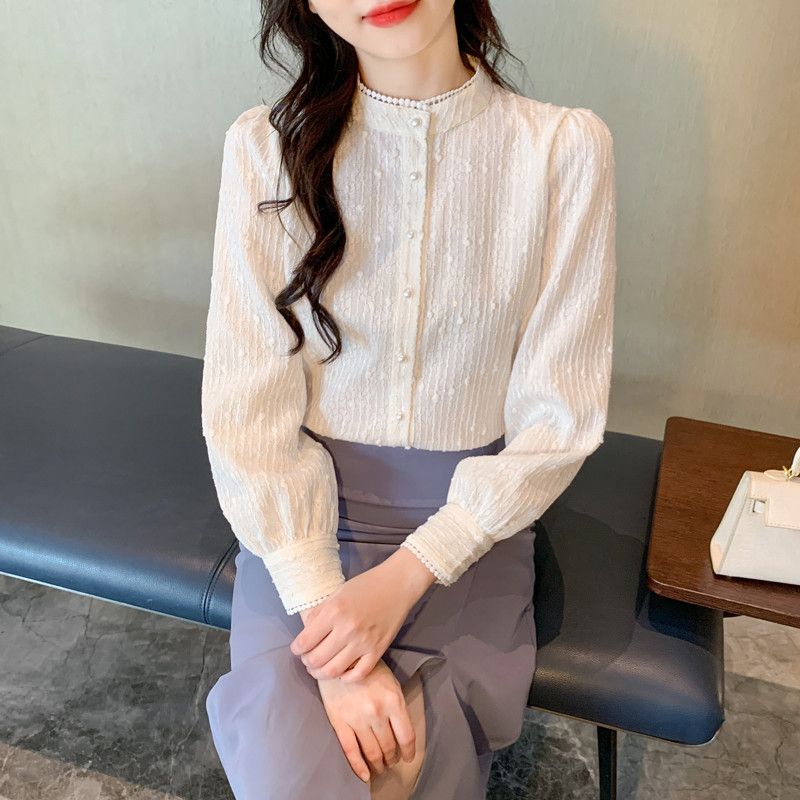 레이스 진주 단추 여성 가을 블라우스 루즈핏 스탠드 칼라 레트로 스타일 긴팔 셔츠 우아한 디자인 데일리 착용감 편안한 상의 - 상품 이미지