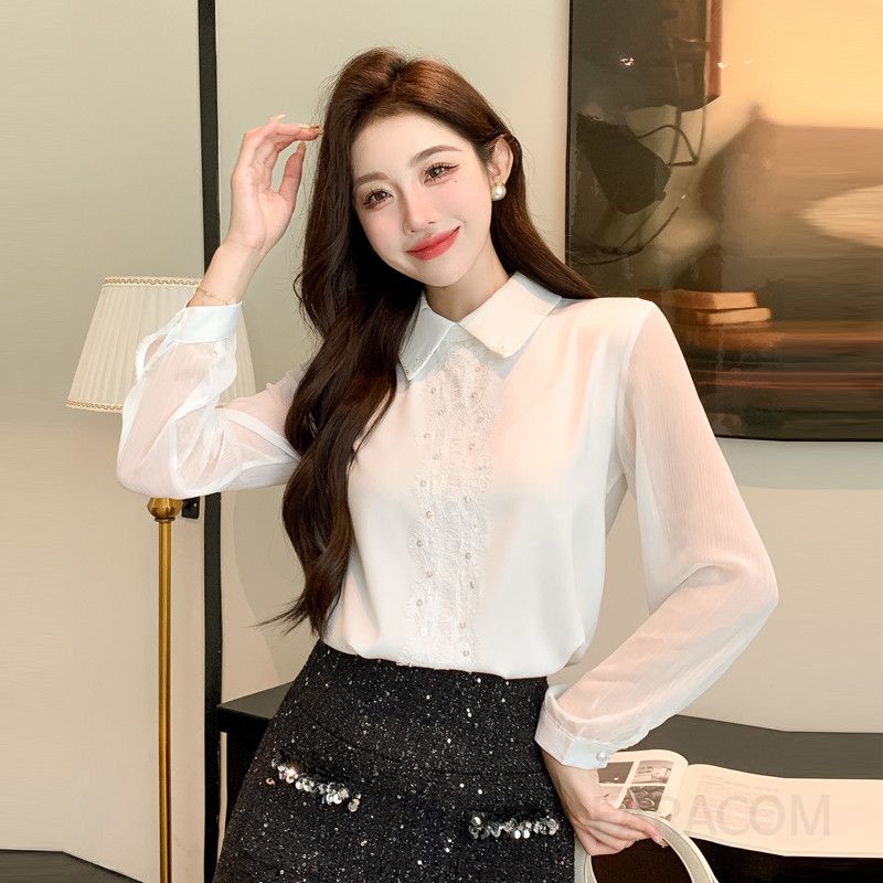 레이스 쉬폰 블라우스 긴팔 여성 가을 스타일 우아한 이너 상의 데일리 캐주얼 착용감 좋은 레이어드용 셔츠 - 메인 이미지